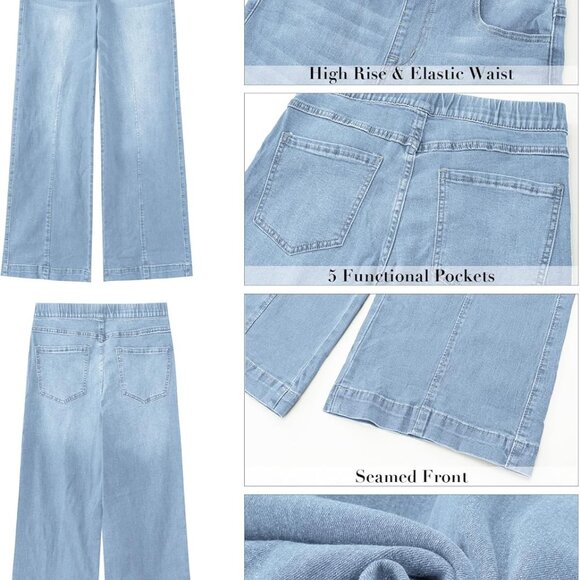 Pull On Womens Jeans Baggy Stretchy High Waisted Denim Wide Leg Trouser Pants Tr - Picture 6 of 7
